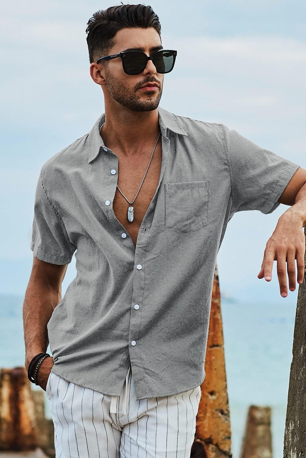 imageJMIERR Mens Casual Stylish Short Sleeve ButtonUp Striped Dress Shirts Cotton Beach ShirtDark Grey