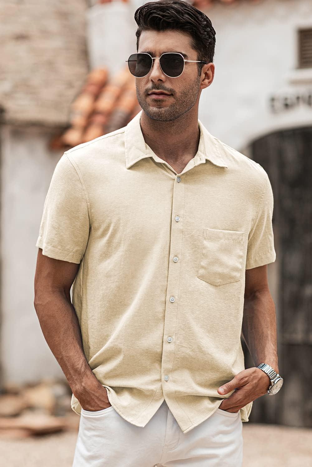 imageJMIERR Mens Casual Stylish Short Sleeve ButtonUp Striped Dress Shirts Cotton Beach ShirtKhaki