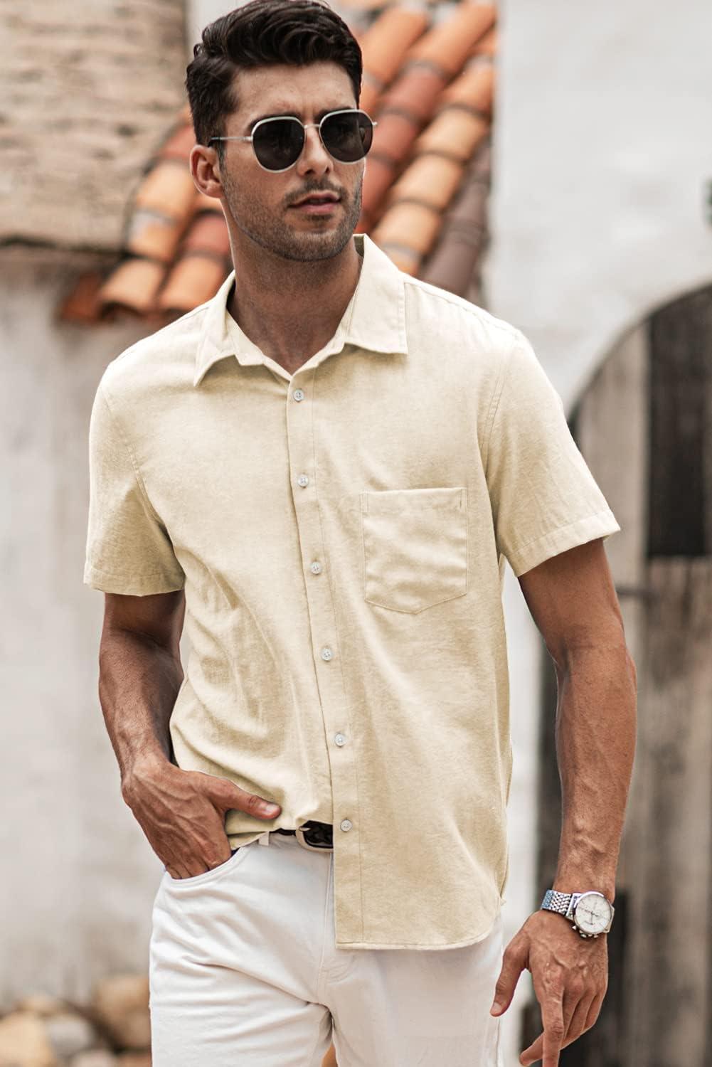 imageJMIERR Mens Casual Stylish Short Sleeve ButtonUp Striped Dress Shirts Cotton Beach ShirtKhaki