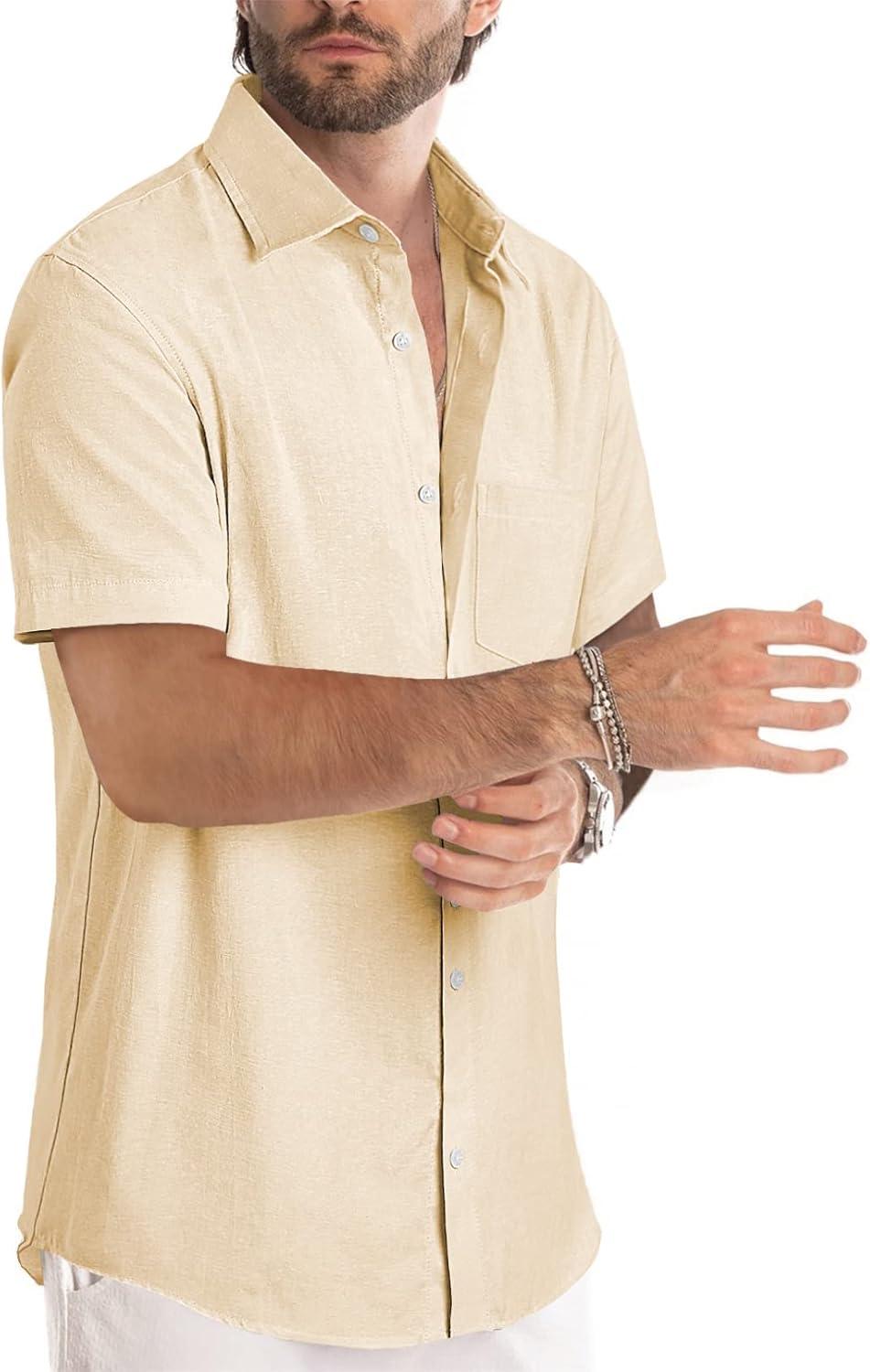 imageJMIERR Mens Casual Stylish Short Sleeve ButtonUp Striped Dress Shirts Cotton Beach ShirtKhaki