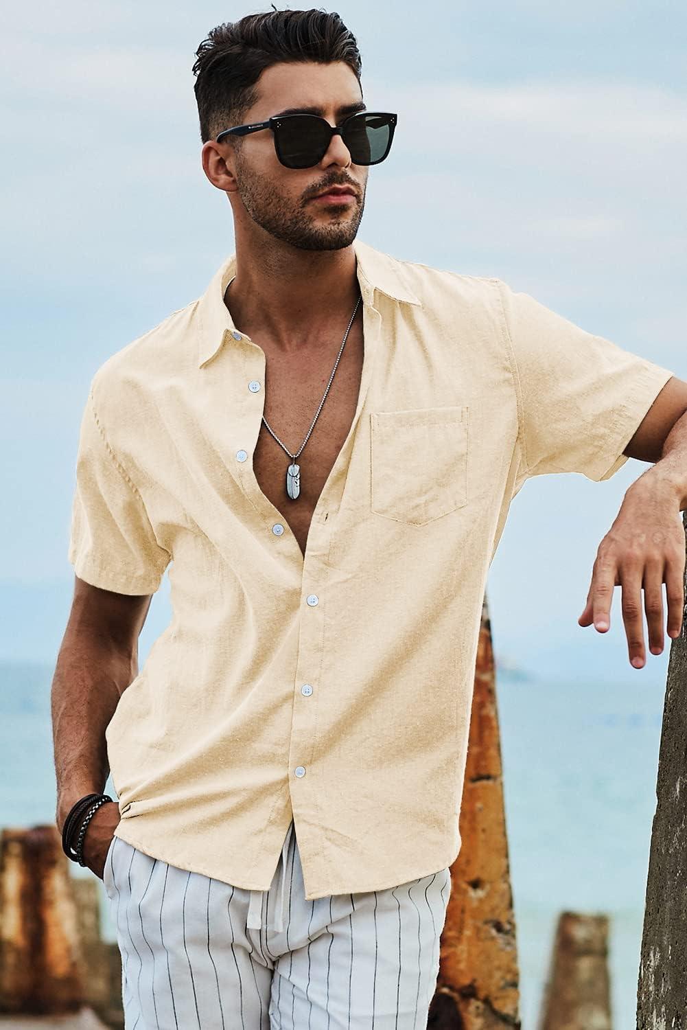 imageJMIERR Mens Casual Stylish Short Sleeve ButtonUp Striped Dress Shirts Cotton Beach ShirtKhaki