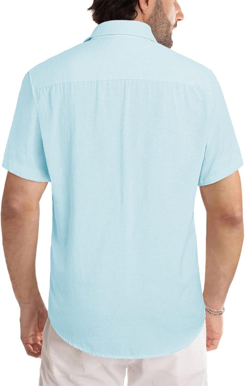 imageJMIERR Mens Casual Stylish Short Sleeve ButtonUp Striped Dress Shirts Cotton Beach ShirtLight Blue