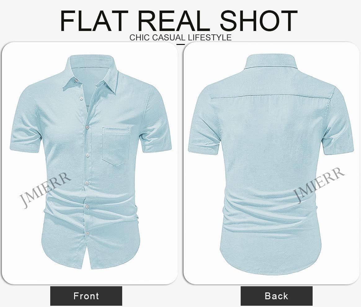 imageJMIERR Mens Casual Stylish Short Sleeve ButtonUp Striped Dress Shirts Cotton Beach ShirtLight Blue