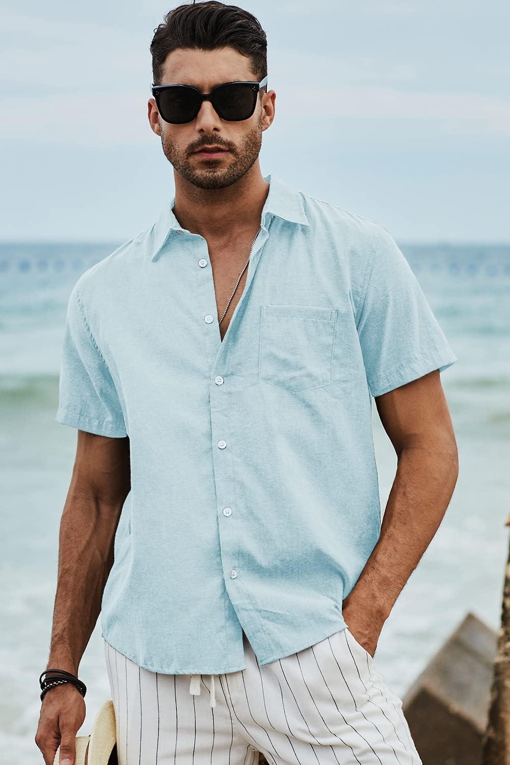 imageJMIERR Mens Casual Stylish Short Sleeve ButtonUp Striped Dress Shirts Cotton Beach ShirtLight Blue