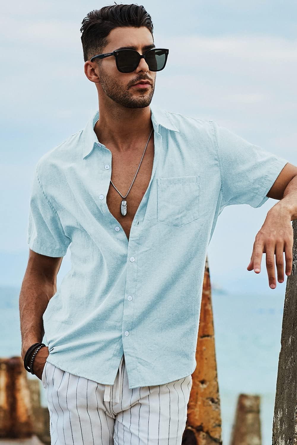 imageJMIERR Mens Casual Stylish Short Sleeve ButtonUp Striped Dress Shirts Cotton Beach ShirtLight Blue