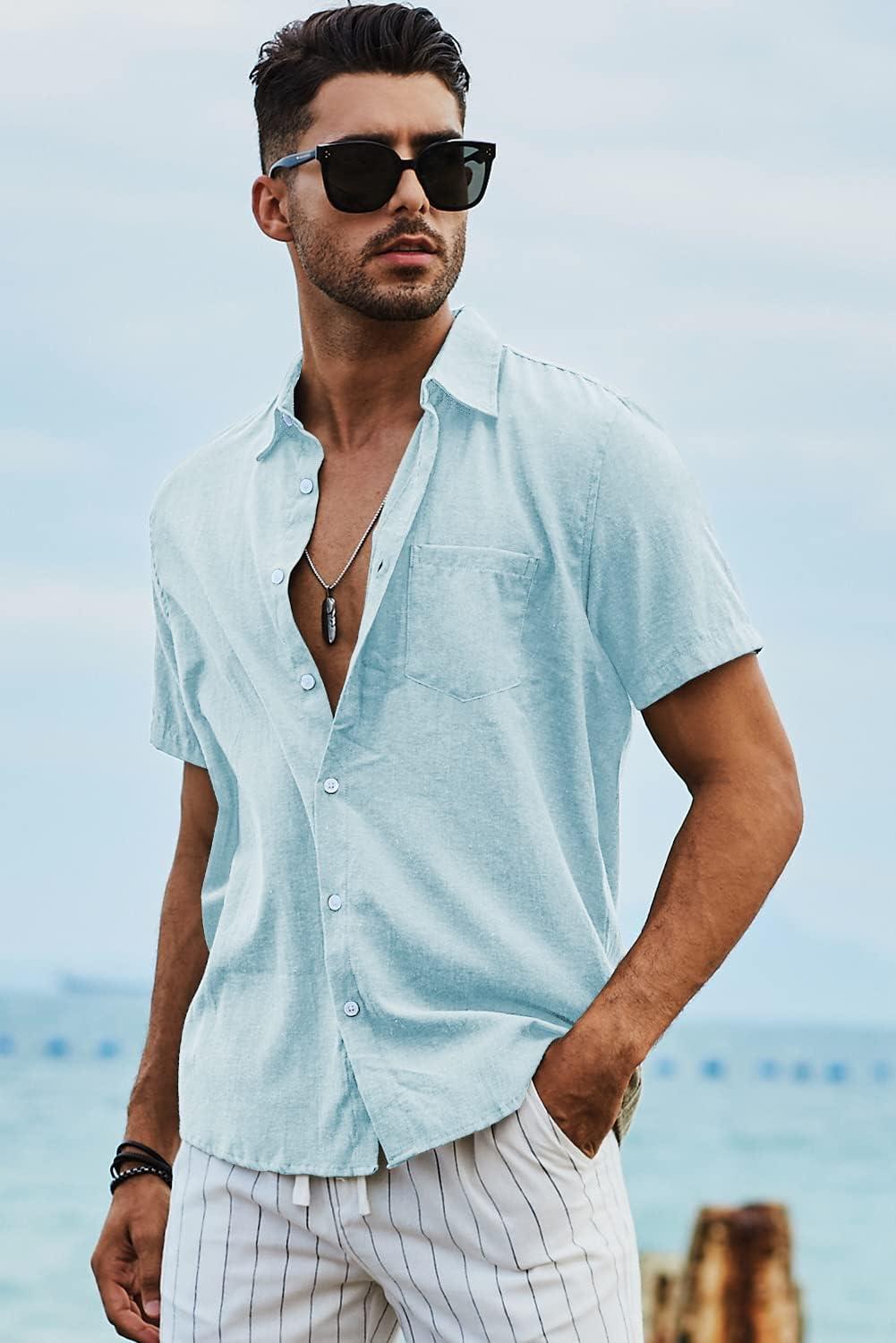 imageJMIERR Mens Casual Stylish Short Sleeve ButtonUp Striped Dress Shirts Cotton Beach ShirtLight Blue