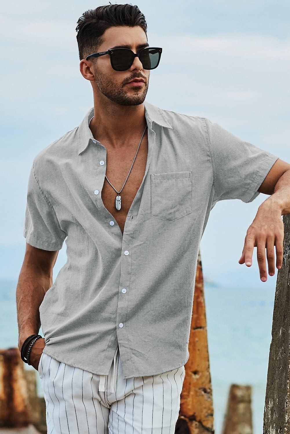 imageJMIERR Mens Casual Stylish Short Sleeve ButtonUp Striped Dress Shirts Cotton Beach ShirtLight Grey