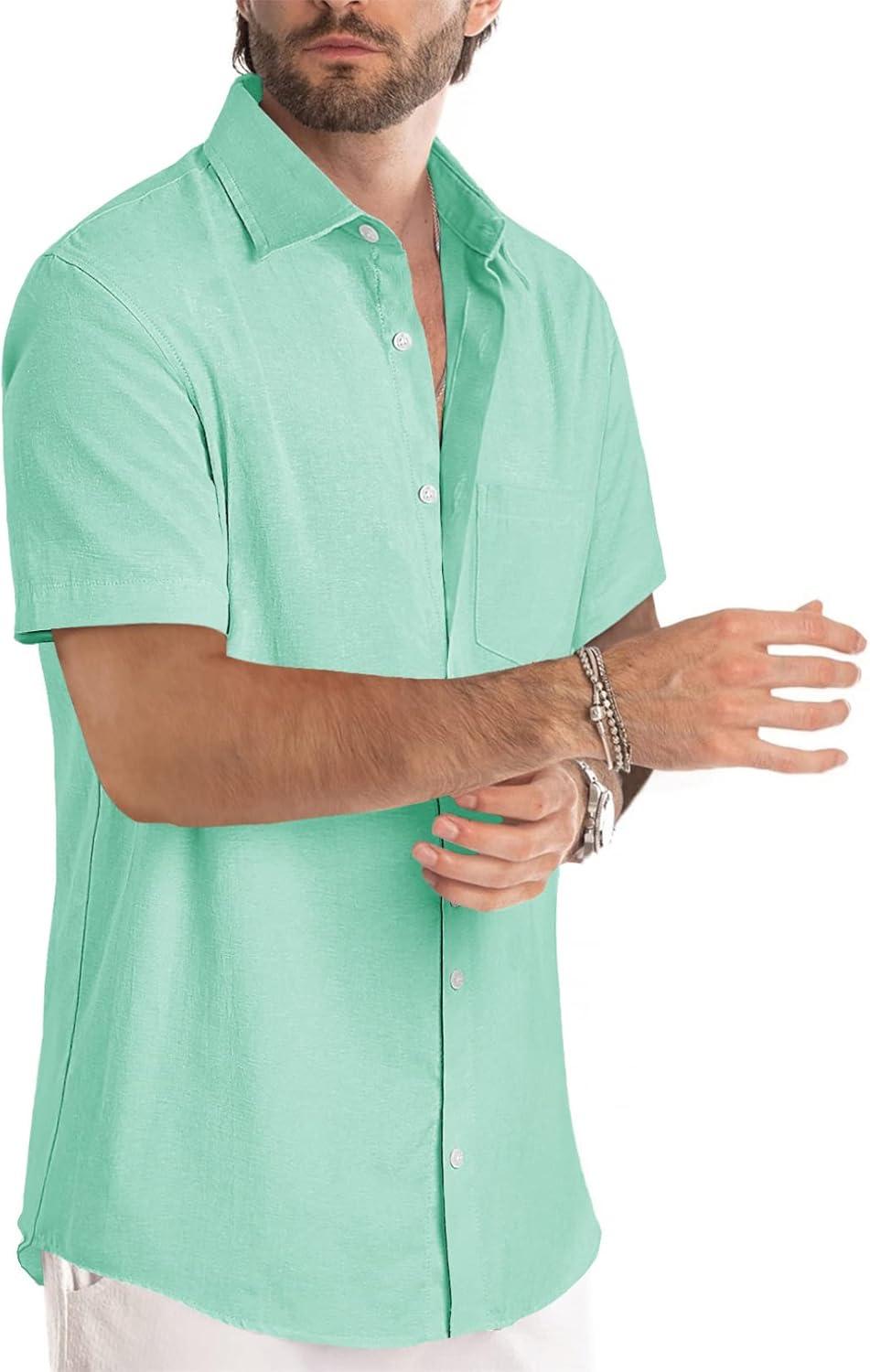 imageJMIERR Mens Casual Stylish Short Sleeve ButtonUp Striped Dress Shirts Cotton Beach ShirtMint Green