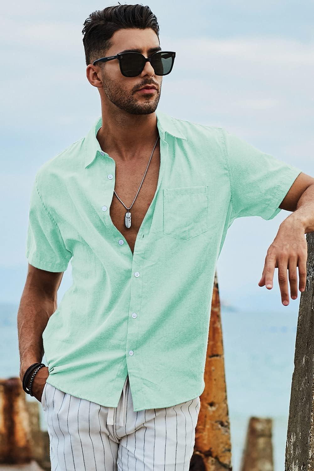 imageJMIERR Mens Casual Stylish Short Sleeve ButtonUp Striped Dress Shirts Cotton Beach ShirtMint Green