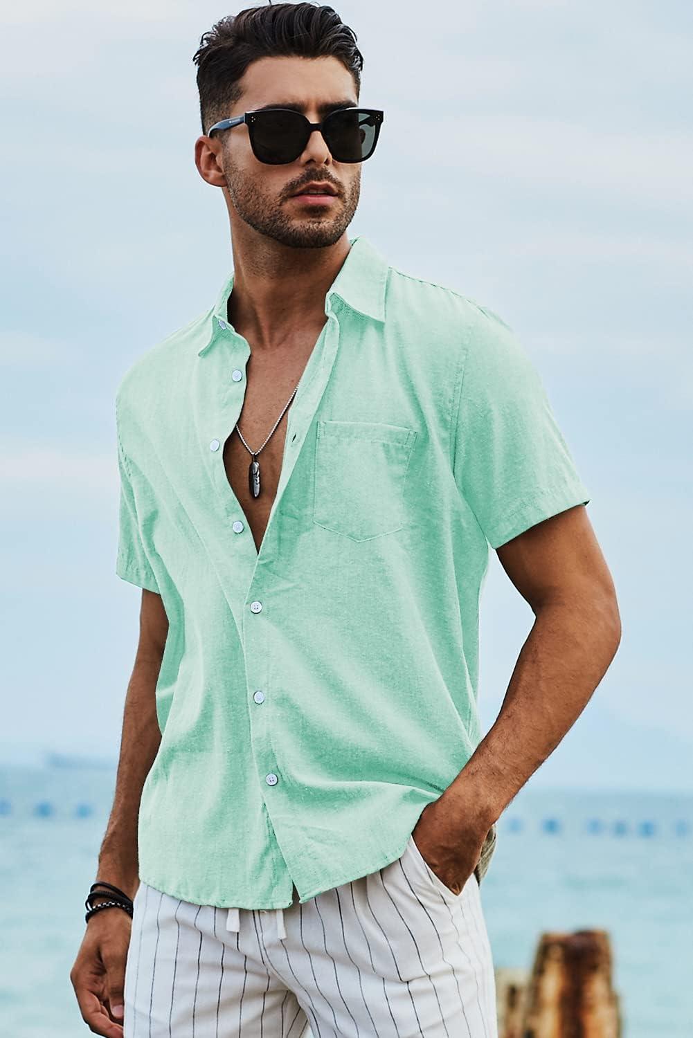 imageJMIERR Mens Casual Stylish Short Sleeve ButtonUp Striped Dress Shirts Cotton Beach ShirtMint Green