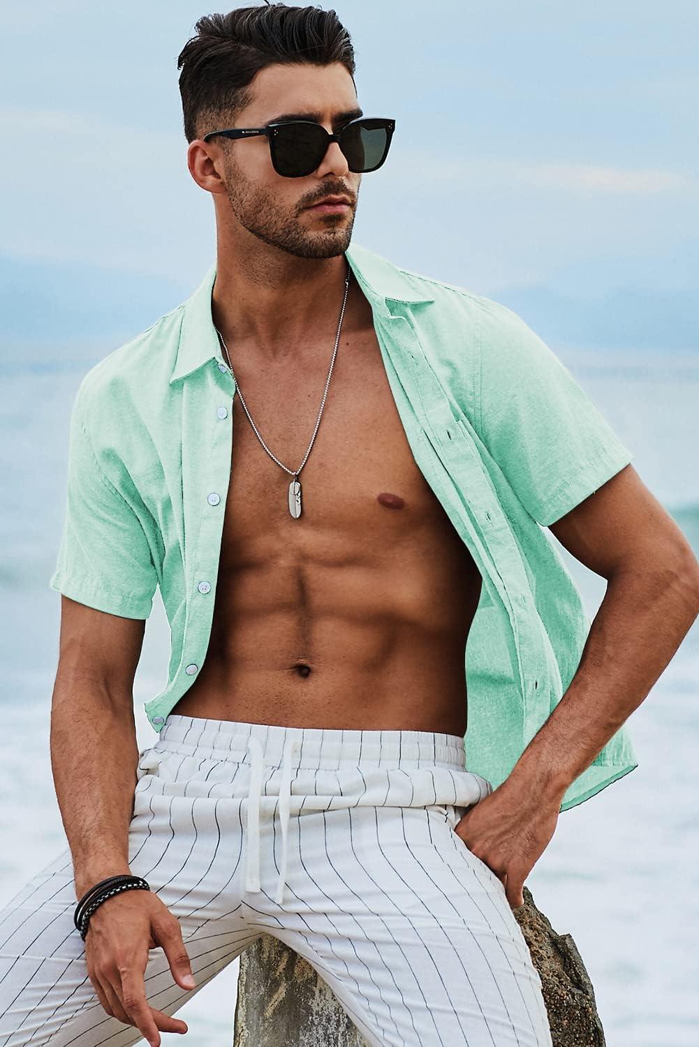 imageJMIERR Mens Casual Stylish Short Sleeve ButtonUp Striped Dress Shirts Cotton Beach ShirtMint Green