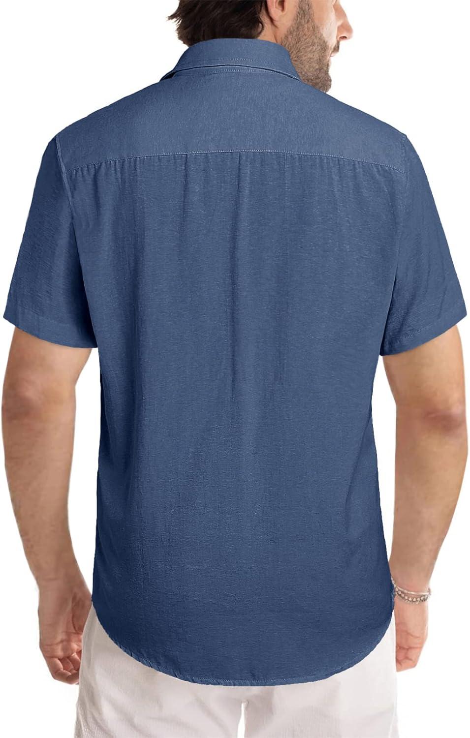 imageJMIERR Mens Casual Stylish Short Sleeve ButtonUp Striped Dress Shirts Cotton Beach ShirtNavy Blue