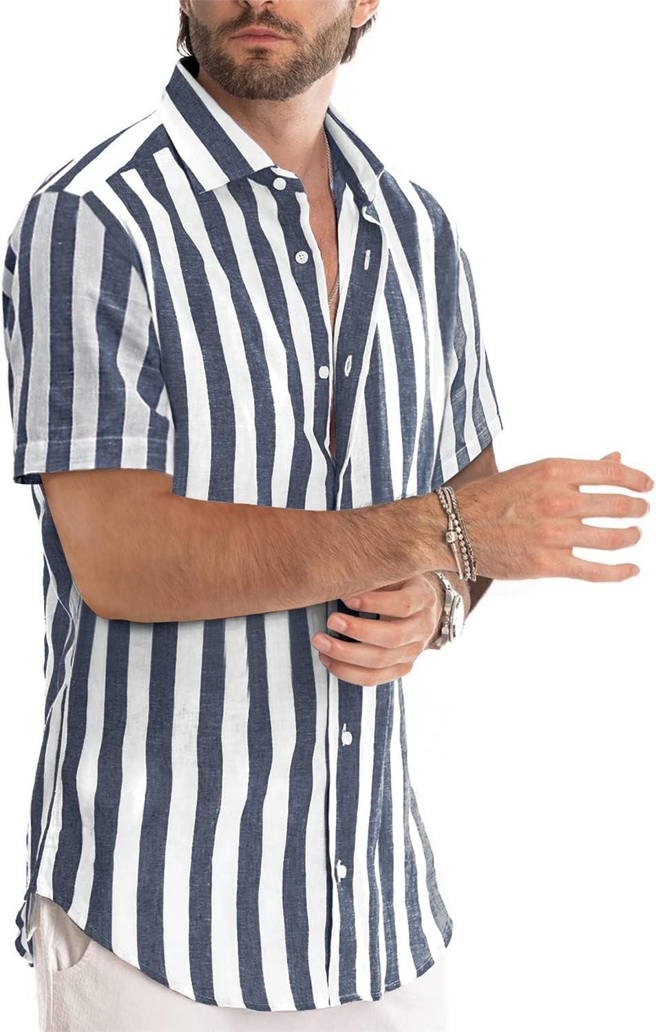 imageJMIERR Mens Casual Stylish Short Sleeve ButtonUp Striped Dress Shirts Cotton Beach ShirtNavy Blue Stripe
