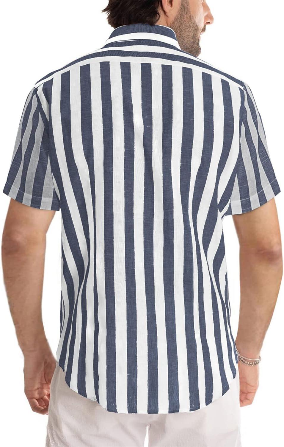 imageJMIERR Mens Casual Stylish Short Sleeve ButtonUp Striped Dress Shirts Cotton Beach ShirtNavy Blue Stripe