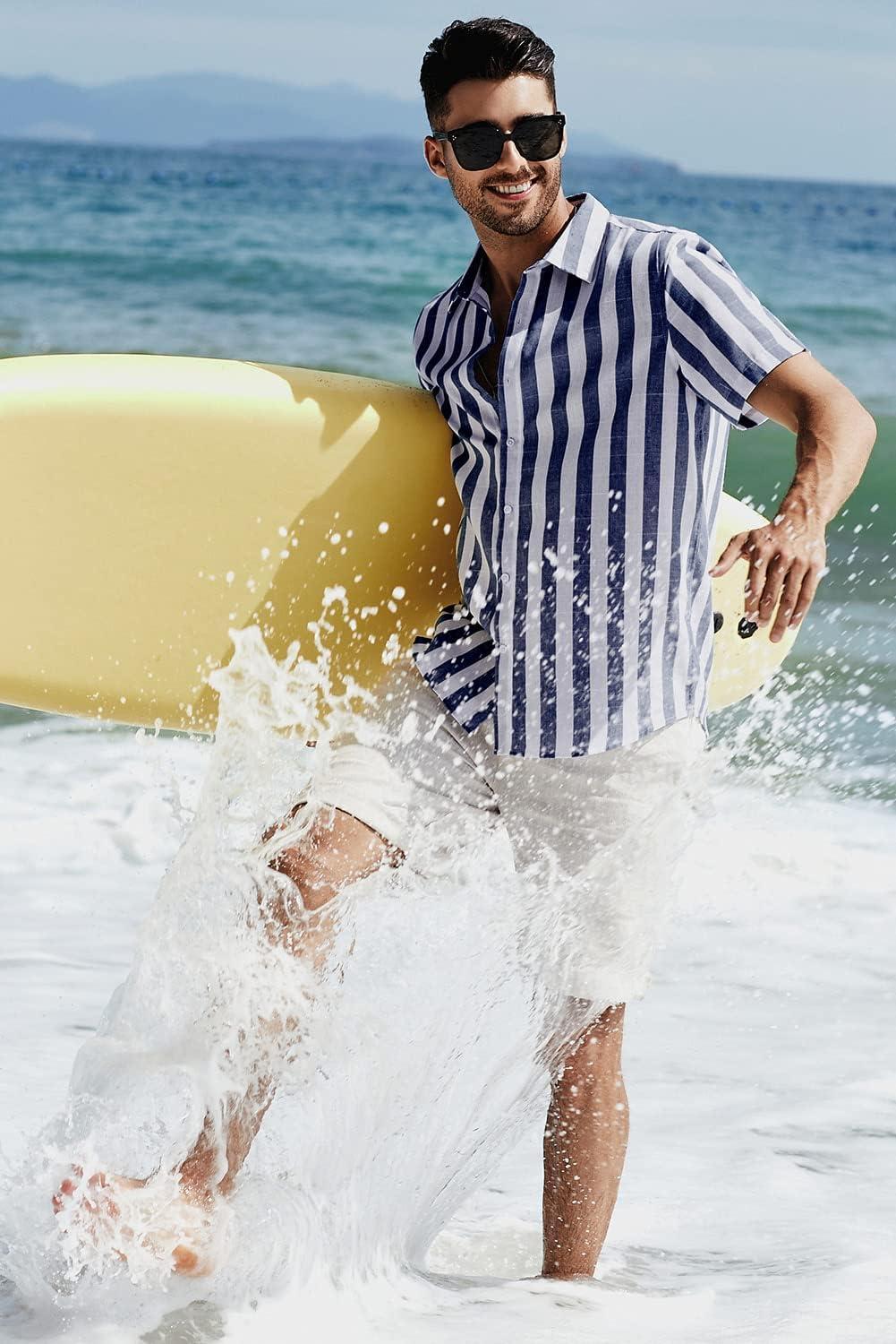 imageJMIERR Mens Casual Stylish Short Sleeve ButtonUp Striped Dress Shirts Cotton Beach ShirtNavy Blue Stripe