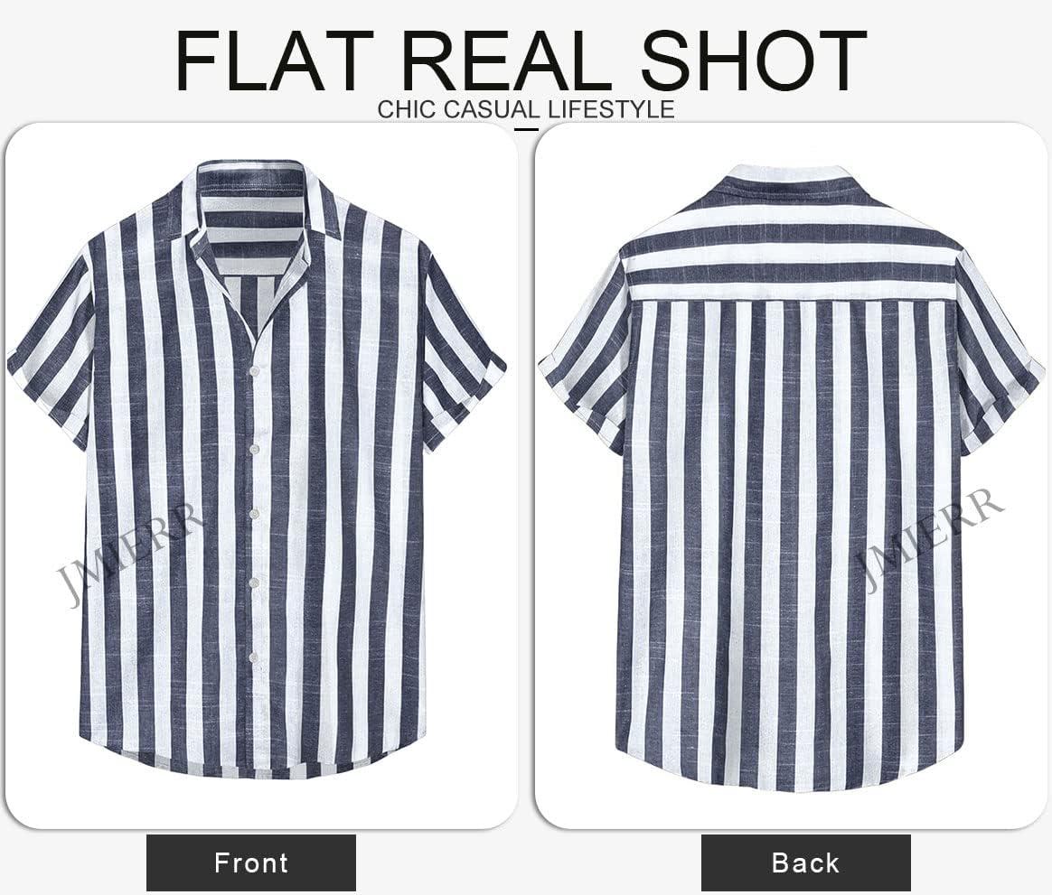 imageJMIERR Mens Casual Stylish Short Sleeve ButtonUp Striped Dress Shirts Cotton Beach ShirtNavy Blue Stripe