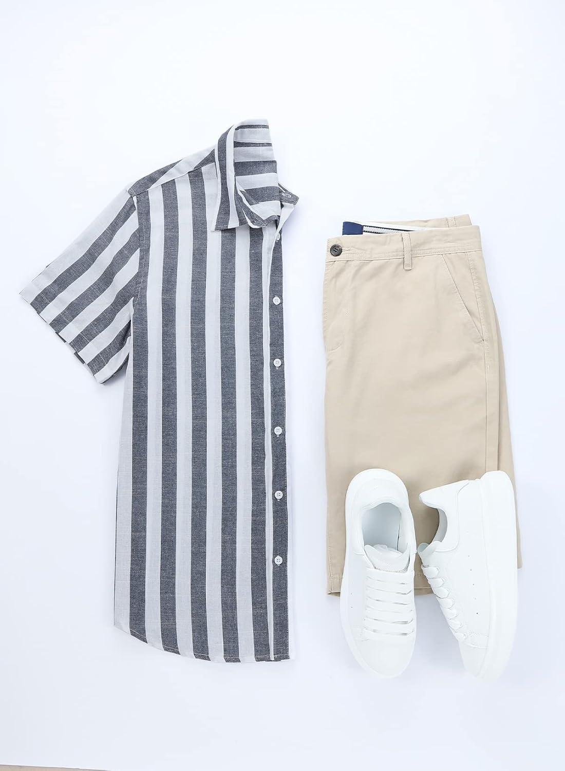 imageJMIERR Mens Casual Stylish Short Sleeve ButtonUp Striped Dress Shirts Cotton Beach ShirtNavy Blue Stripe