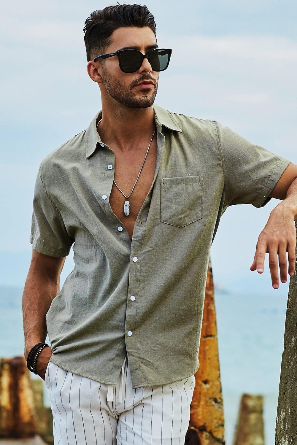 imageJMIERR Mens Casual Stylish Short Sleeve ButtonUp Striped Dress Shirts Cotton Beach ShirtOlive Green