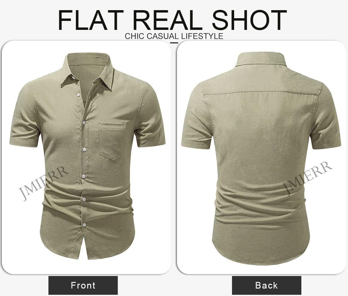 imageJMIERR Mens Casual Stylish Short Sleeve ButtonUp Striped Dress Shirts Cotton Beach ShirtOlive Green