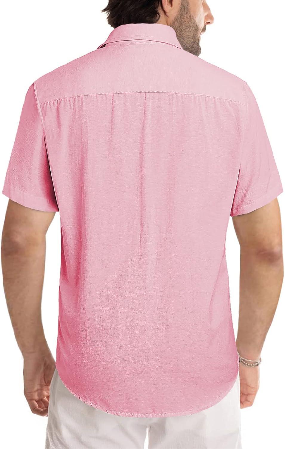 imageJMIERR Mens Casual Stylish Short Sleeve ButtonUp Striped Dress Shirts Cotton Beach ShirtPink