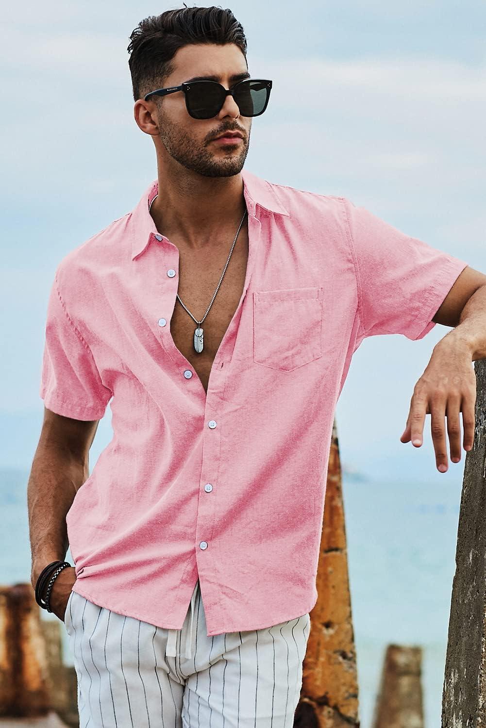imageJMIERR Mens Casual Stylish Short Sleeve ButtonUp Striped Dress Shirts Cotton Beach ShirtPink