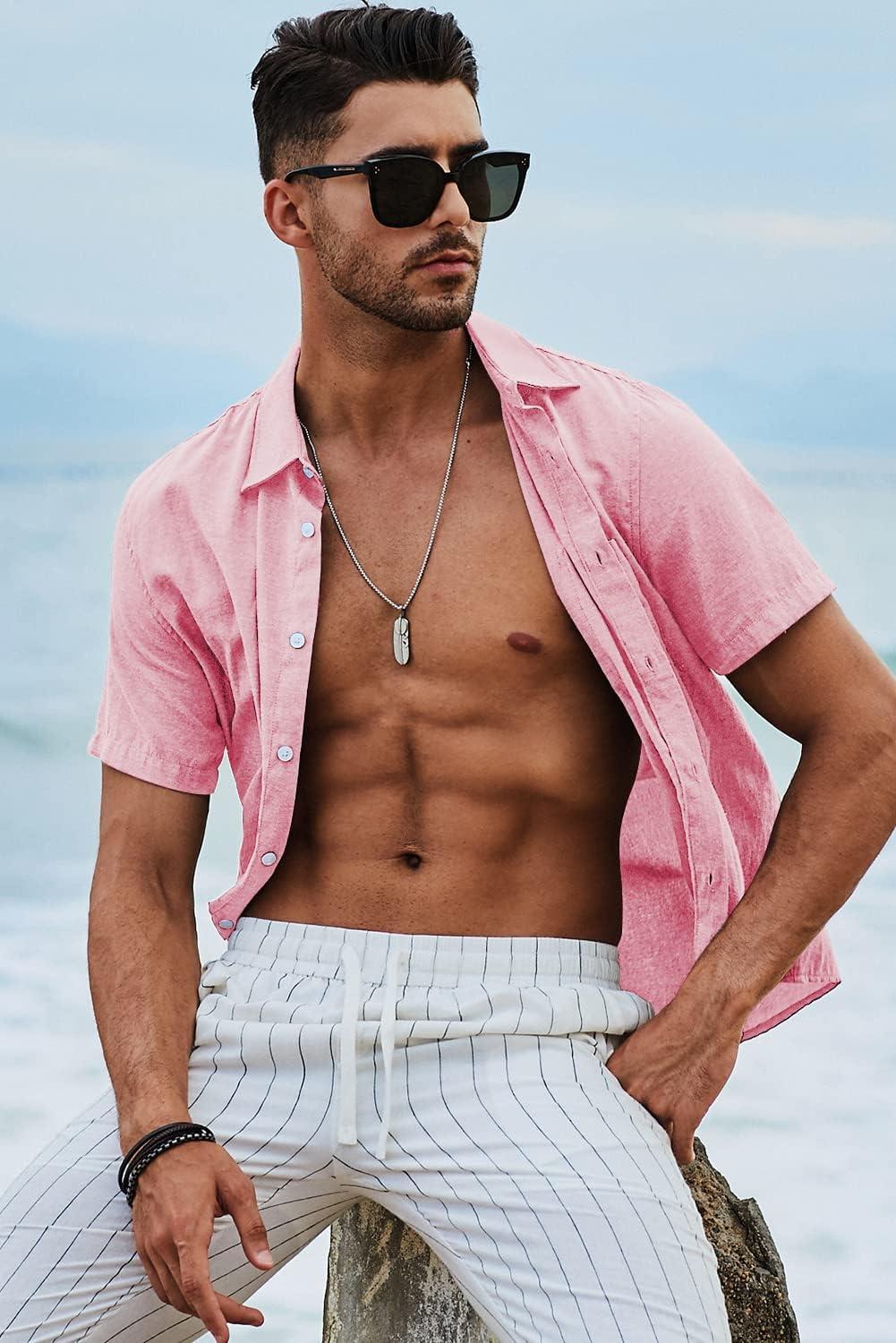 imageJMIERR Mens Casual Stylish Short Sleeve ButtonUp Striped Dress Shirts Cotton Beach ShirtPink