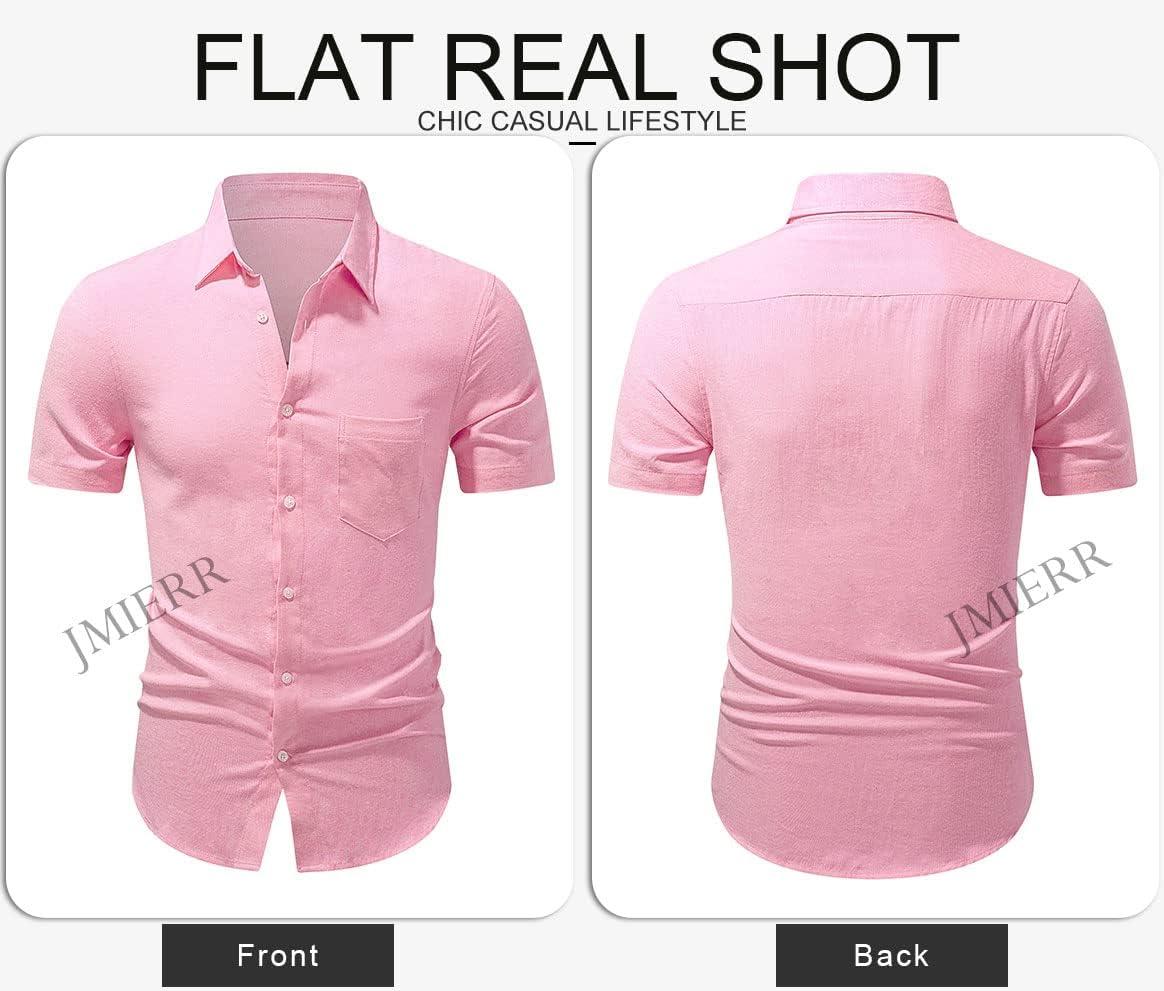 imageJMIERR Mens Casual Stylish Short Sleeve ButtonUp Striped Dress Shirts Cotton Beach ShirtPink
