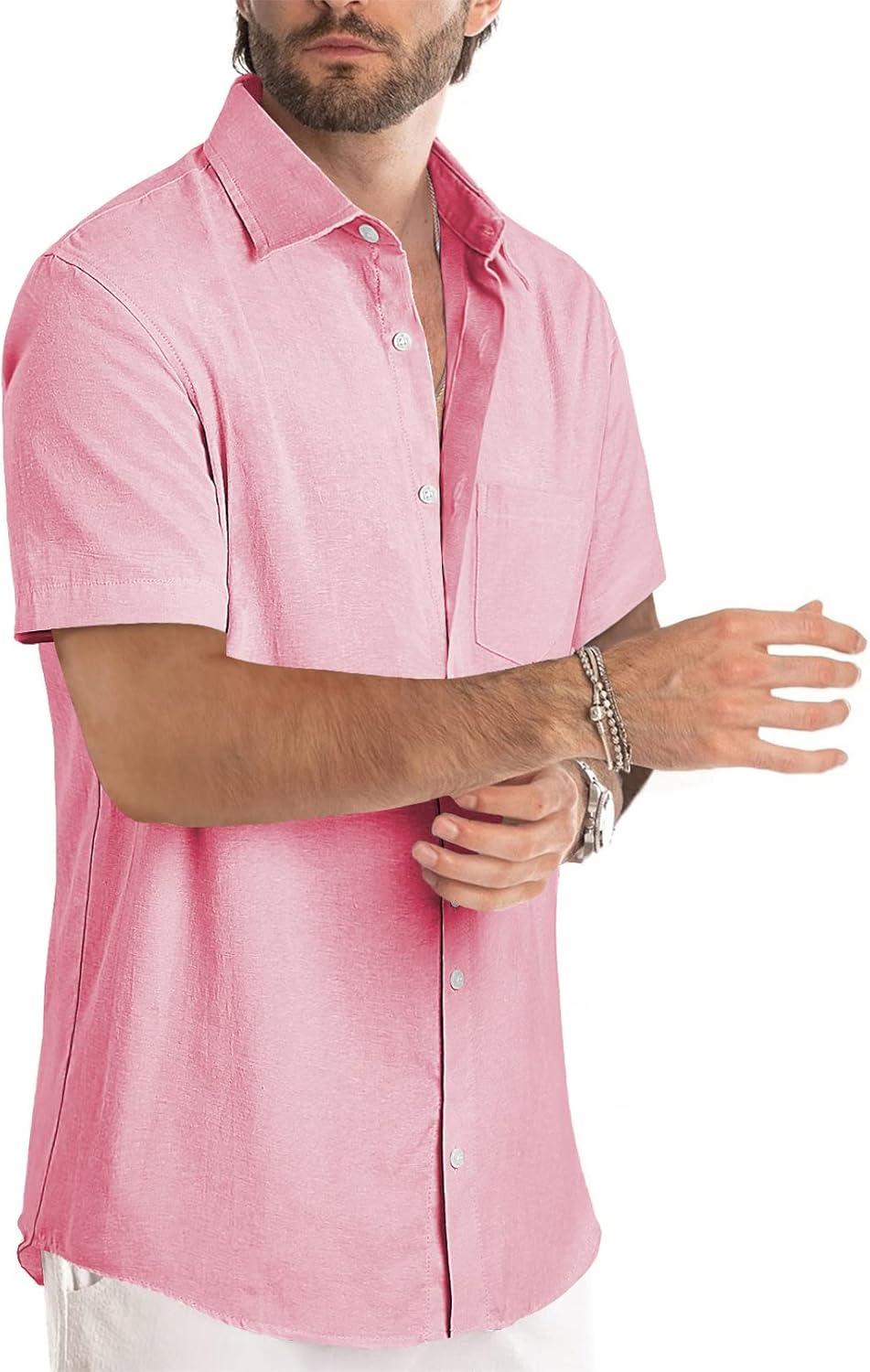 imageJMIERR Mens Casual Stylish Short Sleeve ButtonUp Striped Dress Shirts Cotton Beach ShirtPink