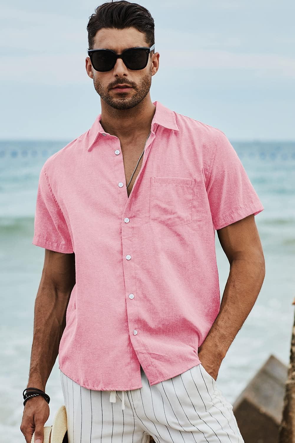 imageJMIERR Mens Casual Stylish Short Sleeve ButtonUp Striped Dress Shirts Cotton Beach ShirtPink