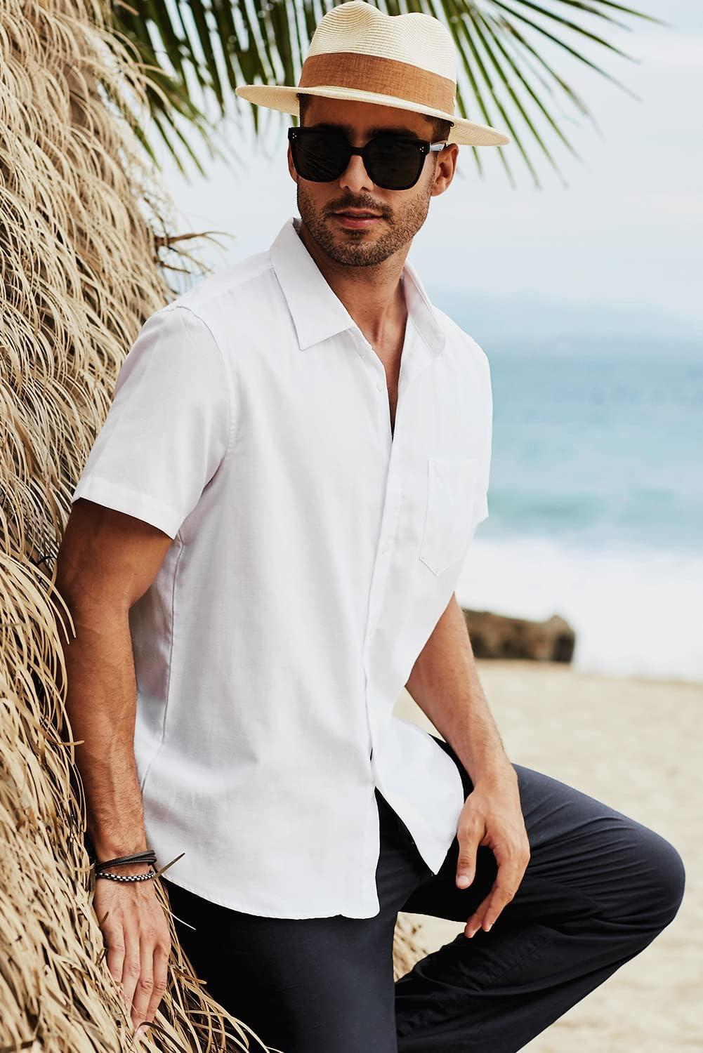 imageJMIERR Mens Casual Stylish Short Sleeve ButtonUp Striped Dress Shirts Cotton Beach ShirtWhite