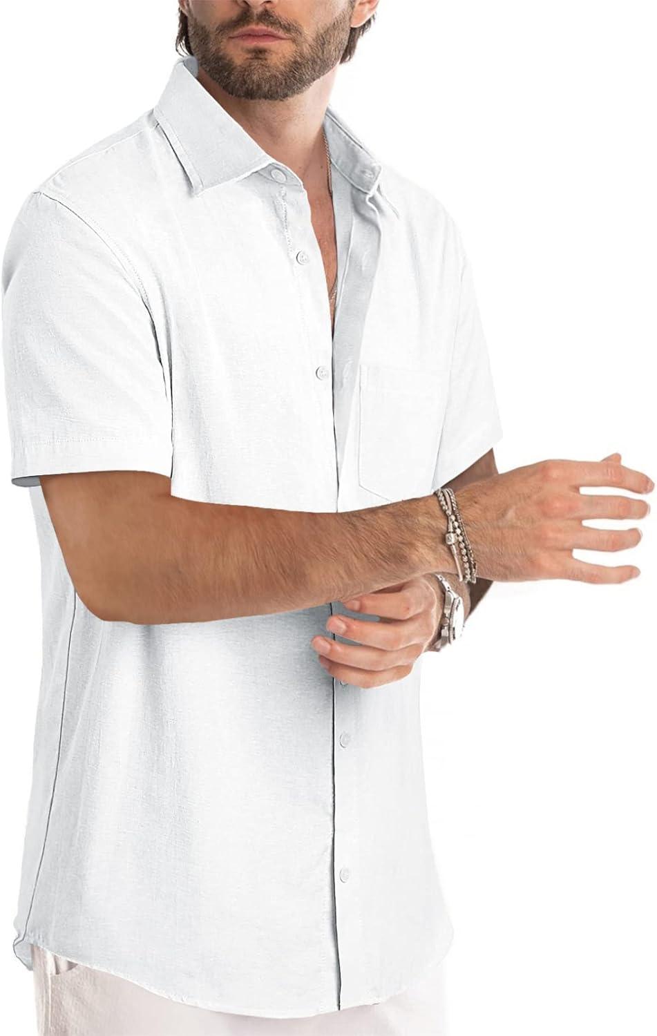 imageJMIERR Mens Casual Stylish Short Sleeve ButtonUp Striped Dress Shirts Cotton Beach ShirtWhite