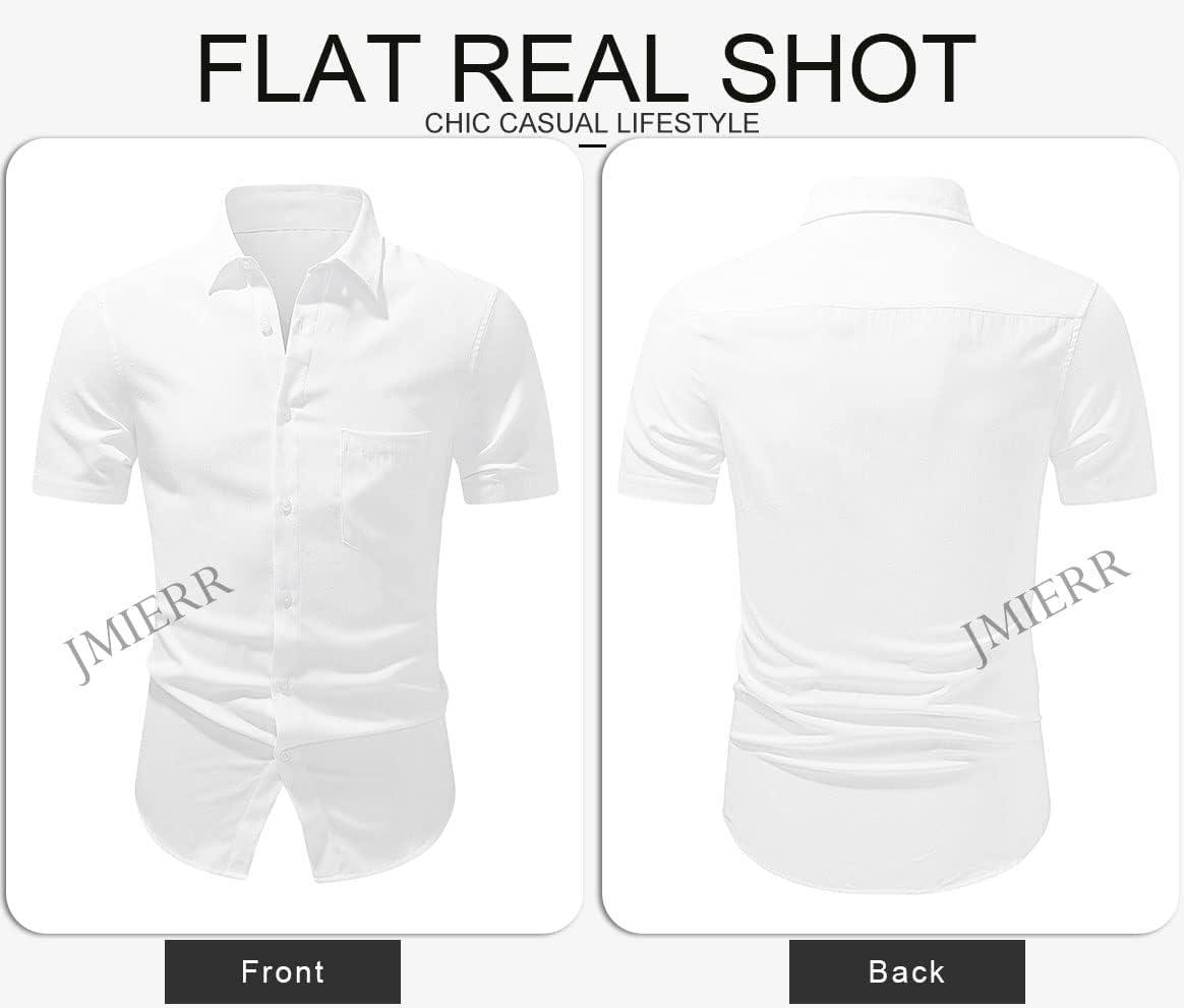 imageJMIERR Mens Casual Stylish Short Sleeve ButtonUp Striped Dress Shirts Cotton Beach ShirtWhite