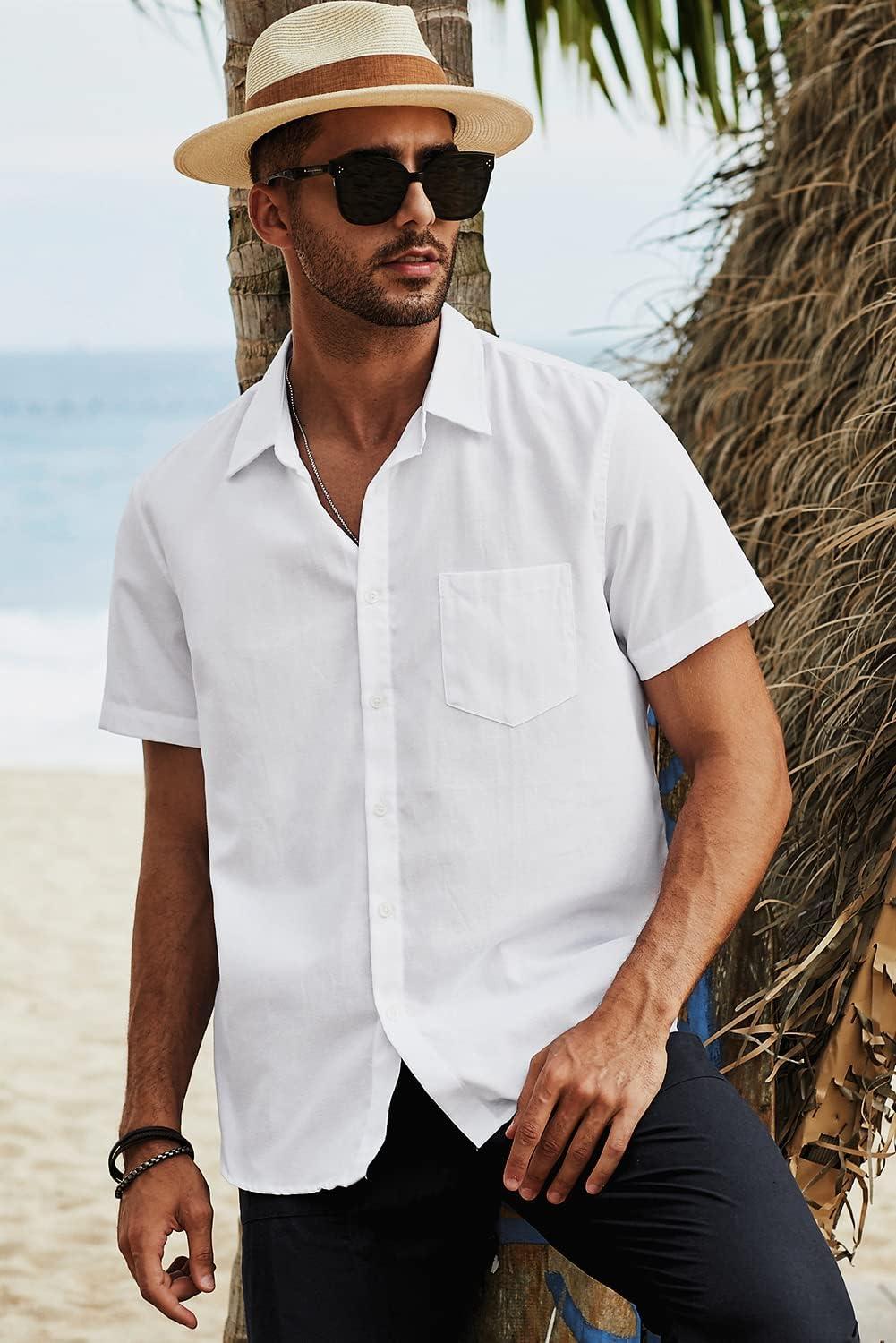 imageJMIERR Mens Casual Stylish Short Sleeve ButtonUp Striped Dress Shirts Cotton Beach ShirtWhite