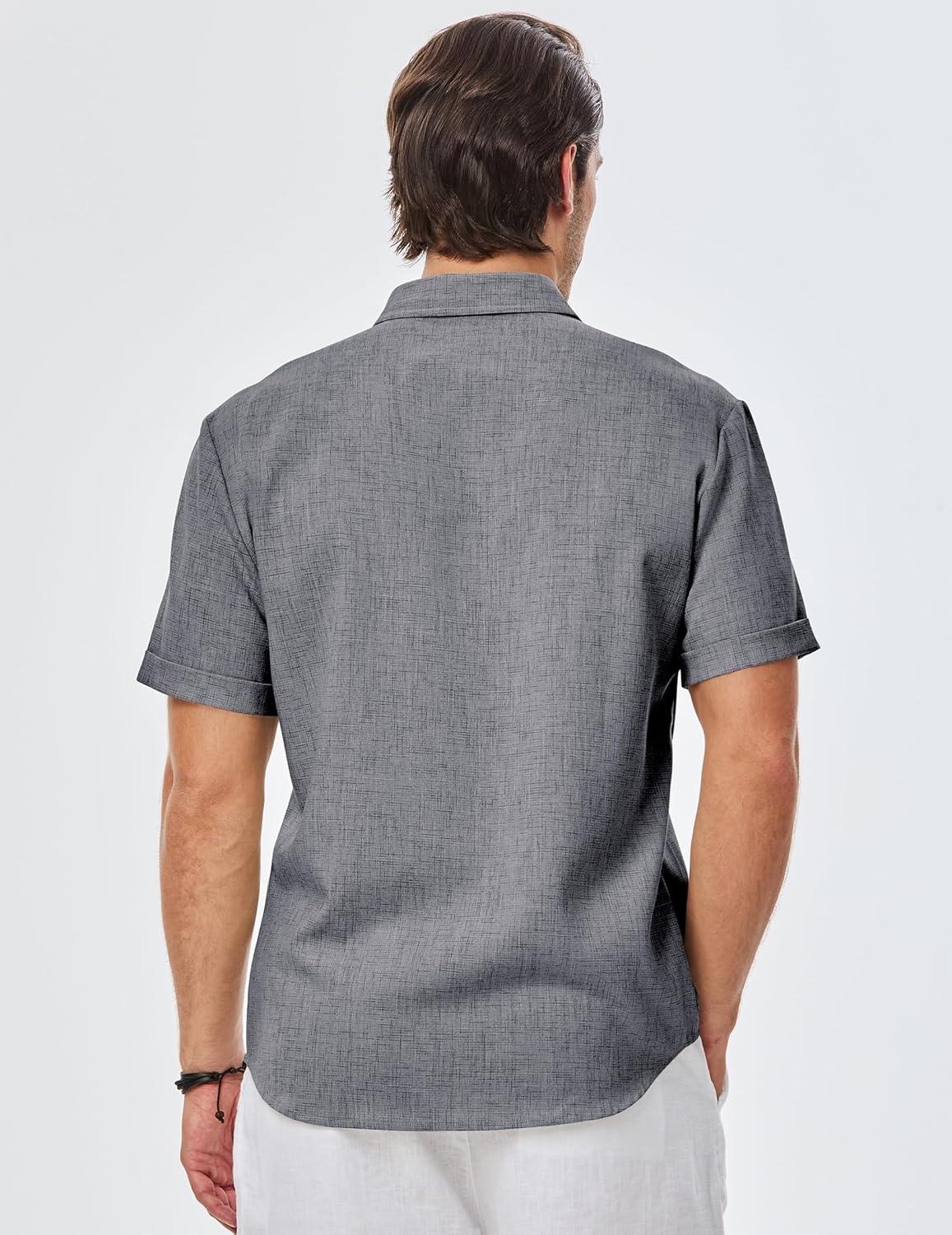 imageJMIERR Mens Casual Stylish Short Sleeve ButtonUp Striped Dress Shirts Cotton Beach ShirtZ Dark Grey