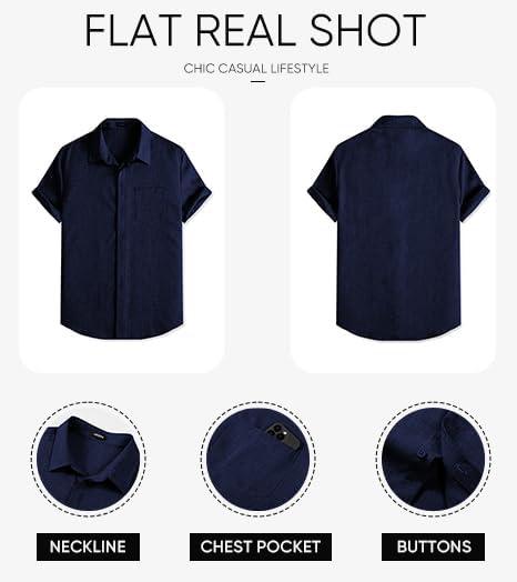 imageJMIERR Mens Casual Stylish Short Sleeve ButtonUp Striped Dress Shirts Cotton Beach ShirtZ Navy Blue