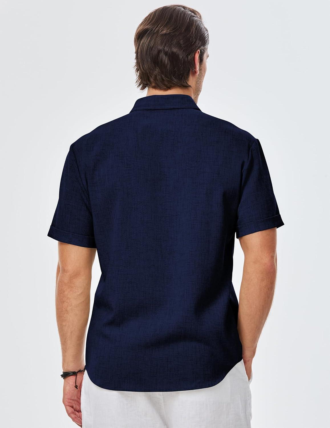 imageJMIERR Mens Casual Stylish Short Sleeve ButtonUp Striped Dress Shirts Cotton Beach ShirtZ Navy Blue