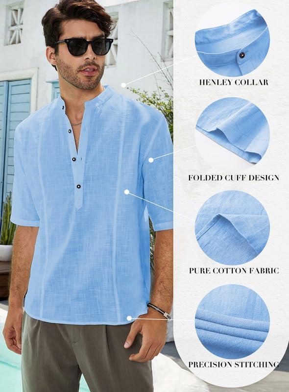 imageJMIERR Mens Cotton Linen Henley Shirt Casual Button Down Short Sleeve Tropical Shirts Summer Beach T ShirtsB Sky Blue