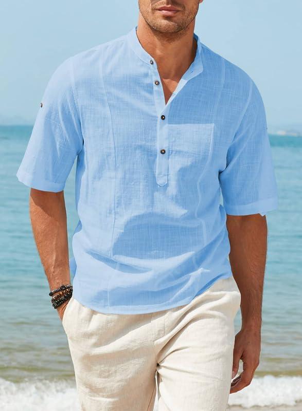 imageJMIERR Mens Cotton Linen Henley Shirt Casual Button Down Short Sleeve Tropical Shirts Summer Beach T ShirtsB Sky Blue