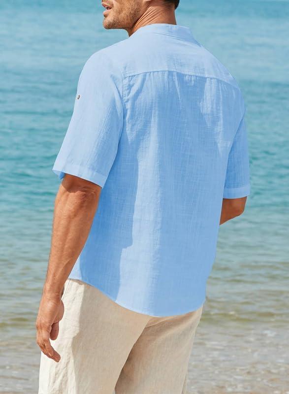 imageJMIERR Mens Cotton Linen Henley Shirt Casual Button Down Short Sleeve Tropical Shirts Summer Beach T ShirtsB Sky Blue