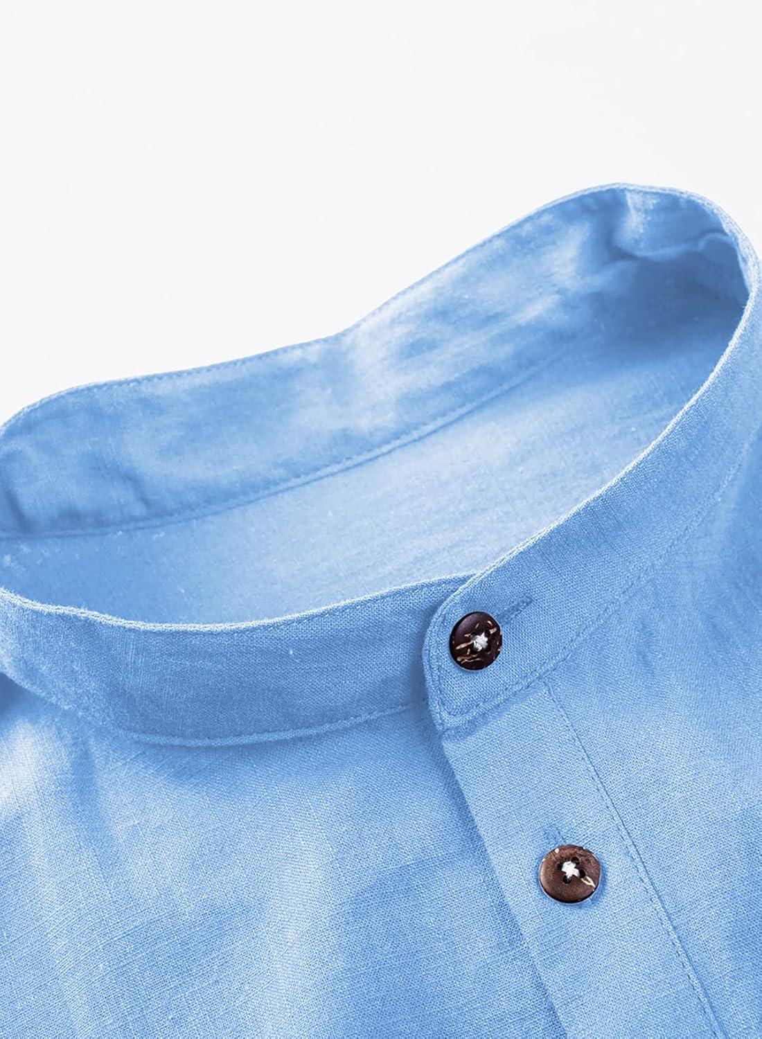 imageJMIERR Mens Cotton Linen Henley Shirt Casual Button Down Short Sleeve Tropical Shirts Summer Beach T ShirtsB Sky Blue