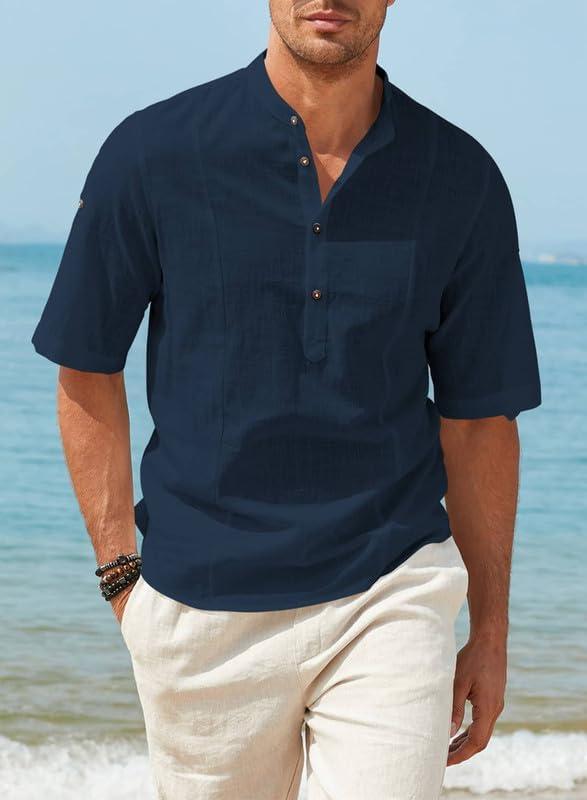 imageJMIERR Mens Cotton Linen Henley Shirt Casual Button Down Short Sleeve Tropical Shirts Summer Beach T ShirtsC Blue