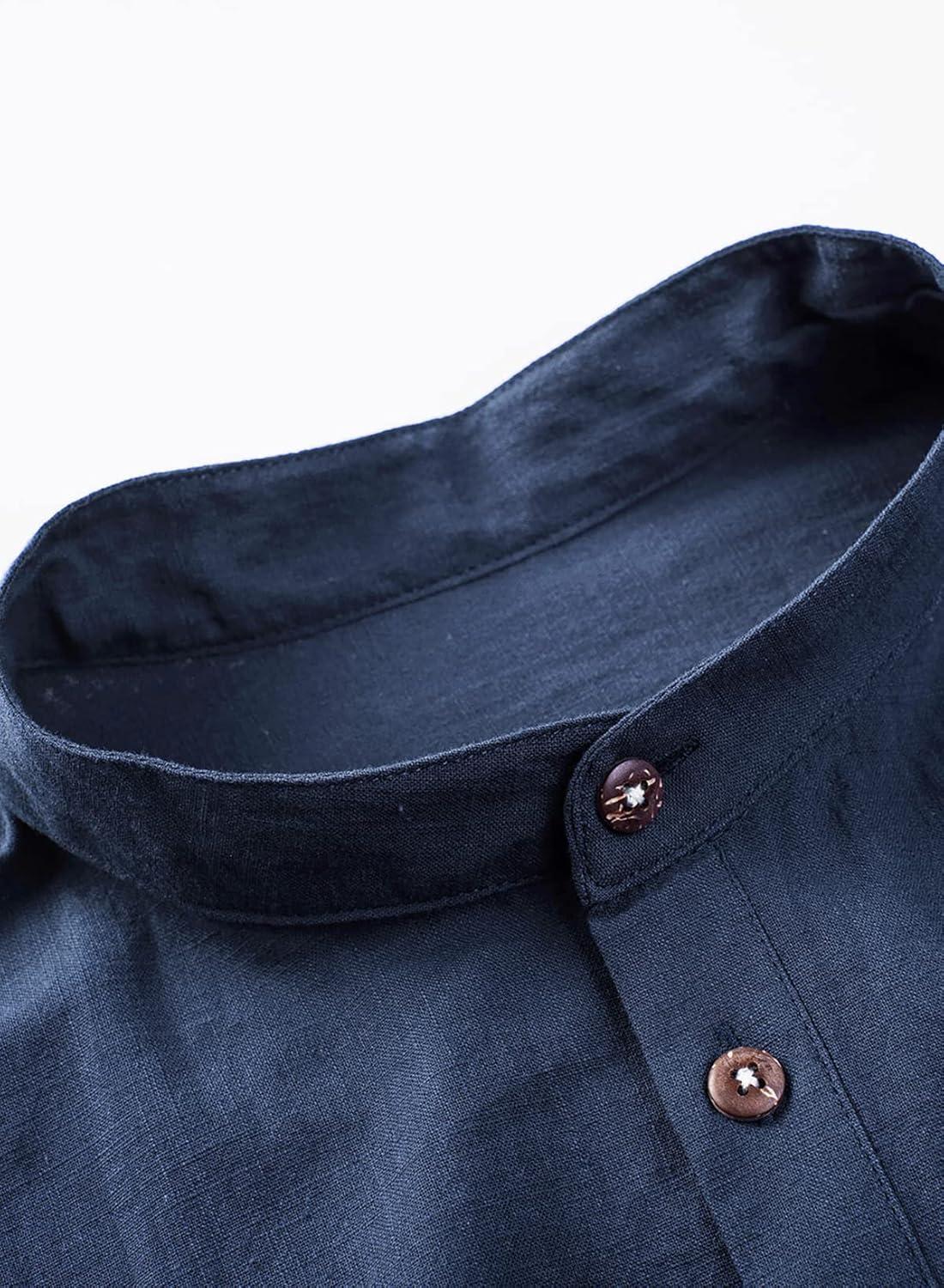 imageJMIERR Mens Cotton Linen Henley Shirt Casual Button Down Short Sleeve Tropical Shirts Summer Beach T ShirtsC Blue