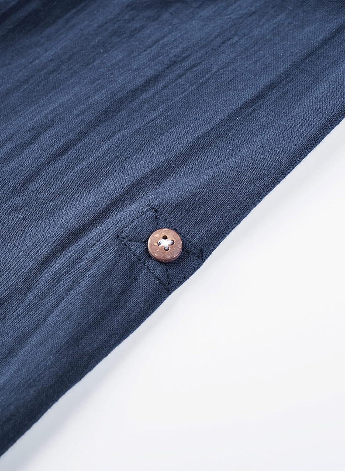imageJMIERR Mens Cotton Linen Henley Shirt Casual Button Down Short Sleeve Tropical Shirts Summer Beach T ShirtsC Blue