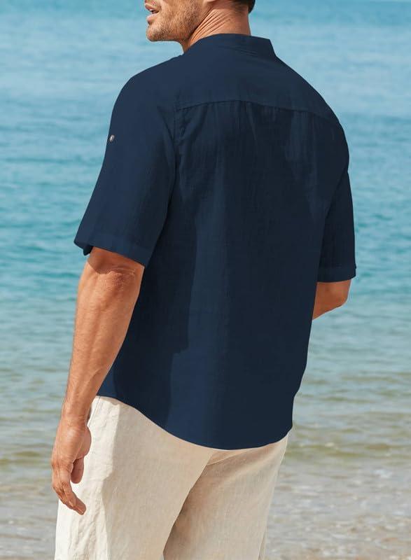 imageJMIERR Mens Cotton Linen Henley Shirt Casual Button Down Short Sleeve Tropical Shirts Summer Beach T ShirtsC Blue