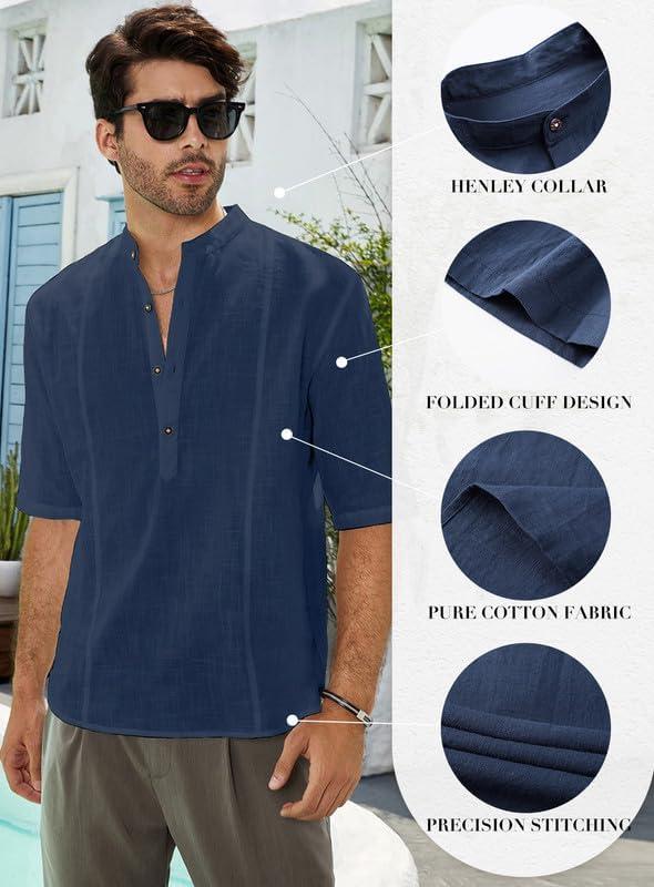 imageJMIERR Mens Cotton Linen Henley Shirt Casual Button Down Short Sleeve Tropical Shirts Summer Beach T ShirtsC Blue