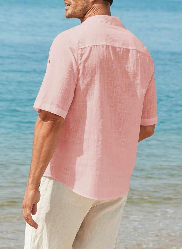 imageJMIERR Mens Cotton Linen Henley Shirt Casual Button Down Short Sleeve Tropical Shirts Summer Beach T ShirtsC Pink
