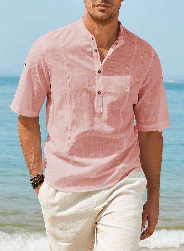 imageJMIERR Mens Cotton Linen Henley Shirt Casual Button Down Short Sleeve Tropical Shirts Summer Beach T ShirtsC Pink