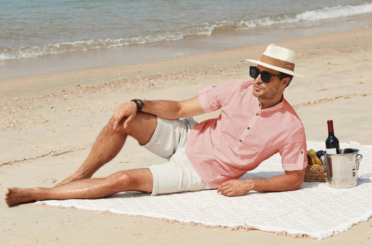 imageJMIERR Mens Cotton Linen Henley Shirt Casual Button Down Short Sleeve Tropical Shirts Summer Beach T ShirtsC Pink