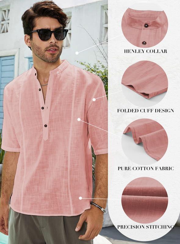 imageJMIERR Mens Cotton Linen Henley Shirt Casual Button Down Short Sleeve Tropical Shirts Summer Beach T ShirtsC Pink