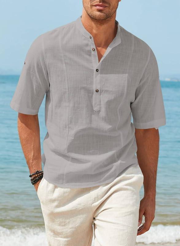 imageJMIERR Mens Cotton Linen Henley Shirt Casual Button Down Short Sleeve Tropical Shirts Summer Beach T ShirtsE Gray